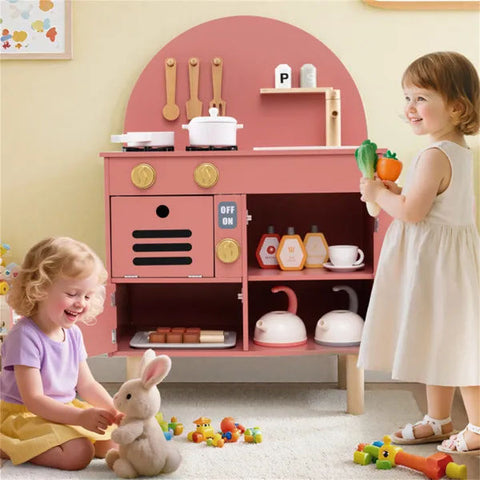 Pink Wooden Kids Play Kitchen Set with Stove & Sink