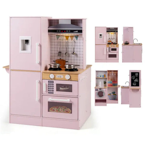 Pink Dual-Sided Kids Play Kitchen with Water Dispenser and Range Hood