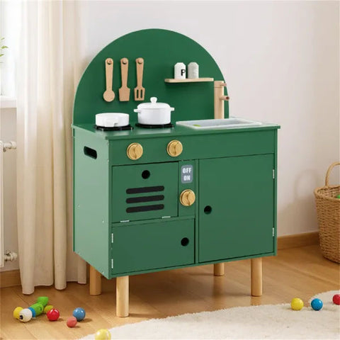 Green Wooden Kids Play Kitchen with Stove and Sink