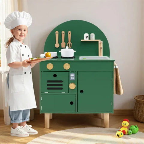 Green Wooden Kids Play Kitchen with Stove and Sink