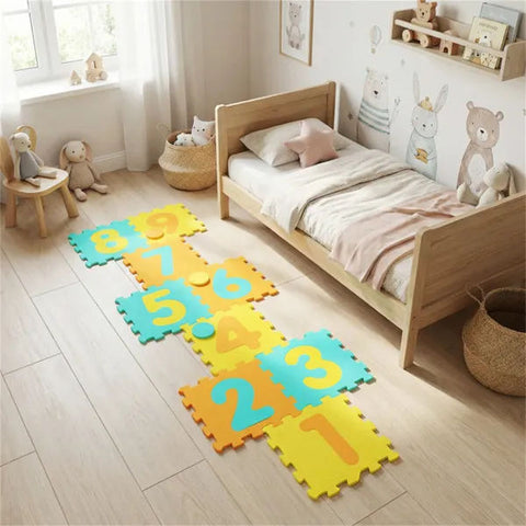 Kids Hopscotch Foam Mat with 9 Interlocking Tiles and 3 Marker Discs