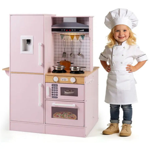 Pink Dual-Sided Kids Play Kitchen with Water Dispenser and Range Hood