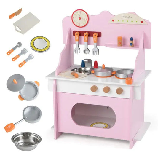 Pink Wooden Toddler Play Kitchen With Sink & Accessories