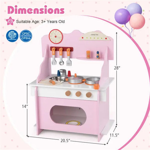 Pink Wooden Toddler Play Kitchen With Sink & Accessories