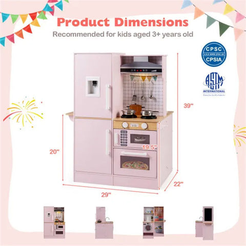 Pink Dual-Sided Kids Play Kitchen with Water Dispenser and Range Hood