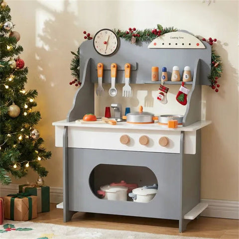 Gray Wooden Toddler Play Kitchen with Sink and Accessories