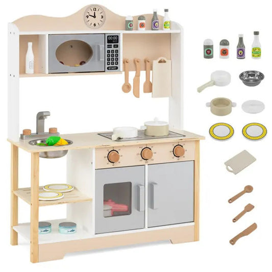 Gray Wooden Kids Play Kitchen with 13 Accessories