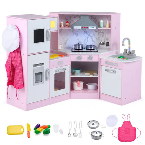 Kids Interactive Corner Play Kitchen Set with Ice Maker and Chalkboard