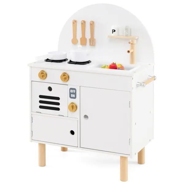 White Wooden Kids Play Kitchen With Interactive Stove & Sink