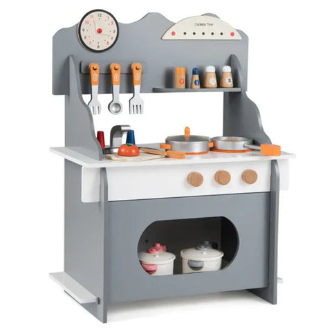 Gray Wooden Toddler Play Kitchen with Sink and Accessories