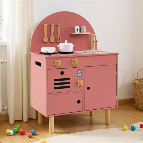 Pink Wooden Kids Play Kitchen Set with Stove & Sink