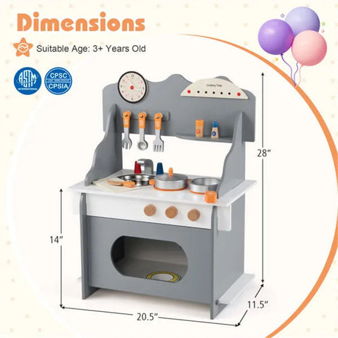 Gray Wooden Toddler Play Kitchen with Sink and Accessories