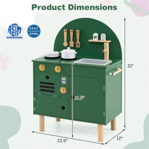 Green Wooden Kids Play Kitchen with Stove and Sink