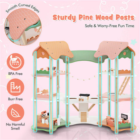 3-Tier Corner Wooden Dollhouse Playset with 31 Furniture Accessories