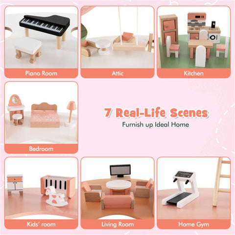 3-Tier Corner Wooden Dollhouse Playset with 31 Furniture Accessories