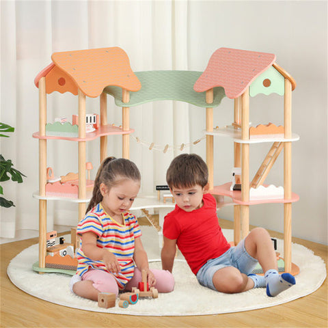 3-Tier Corner Wooden Dollhouse Playset with 31 Furniture Accessories