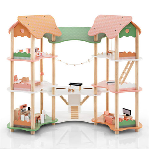 3-Tier Corner Wooden Dollhouse Playset with 31 Furniture Accessories