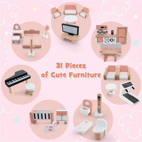 3-Tier Corner Wooden Dollhouse Playset with 31 Furniture Accessories