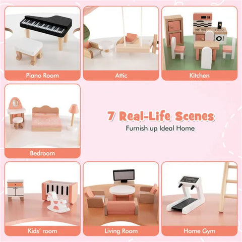 3-Tier Corner Wooden Dollhouse Playset with 31 Furniture Accessories