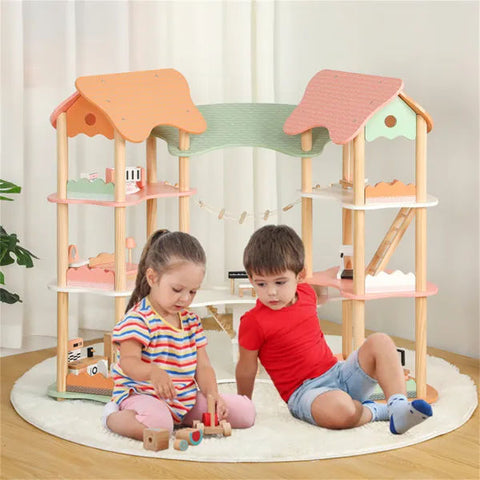 3-Tier Corner Wooden Dollhouse Playset with 31 Furniture Accessories