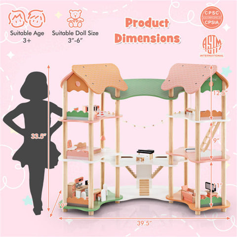 3-Tier Corner Wooden Dollhouse Playset with 31 Furniture Accessories