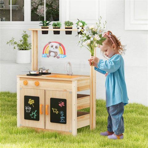Kids Outdoor Wooden Mud Kitchen Playset With Sink and Stoves