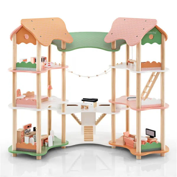 3-Tier Corner Wooden Dollhouse Playset with 31 Furniture Accessories