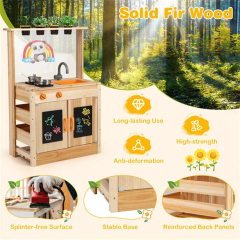 Kids Outdoor Wooden Mud Kitchen Playset With Sink and Stoves