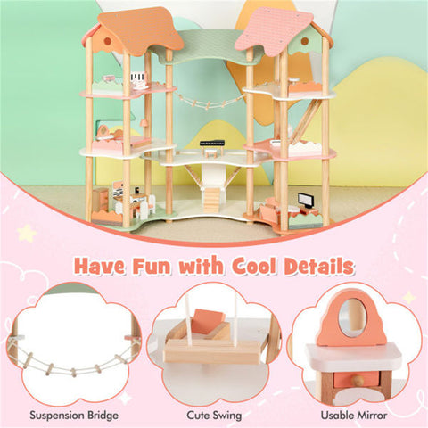3-Tier Corner Wooden Dollhouse Playset with 31 Furniture Accessories