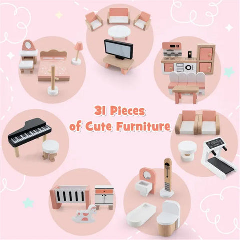 3-Tier Corner Wooden Dollhouse Playset with 31 Furniture Accessories