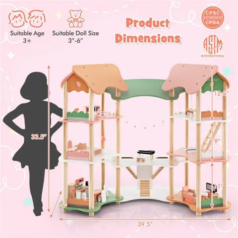 3-Tier Corner Wooden Dollhouse Playset with 31 Furniture Accessories