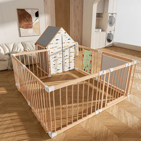 10-Panel Foldable Wooden Baby Playpen with Playhouse
