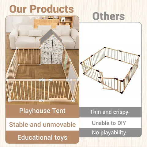 10-Panel Foldable Wooden Baby Playpen with Playhouse