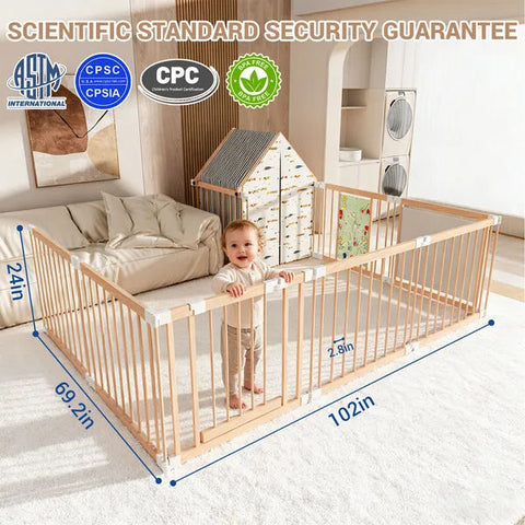 10-Panel Foldable Wooden Baby Playpen with Playhouse