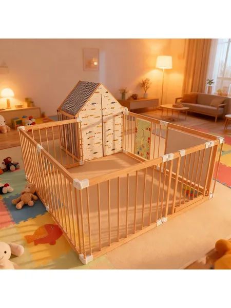 10-Panel Foldable Wooden Baby Playpen with Playhouse