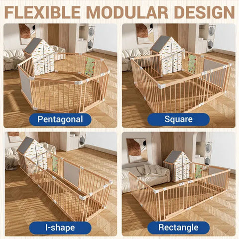 10-Panel Foldable Wooden Baby Playpen with Playhouse