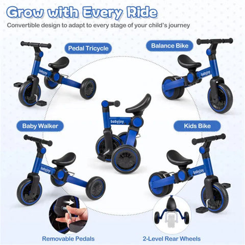 5-in-1 Foldable Toddler Tricycle with Adjustable Handlebar and Removable Pedals