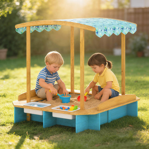 Kids Wooden Sandbox with Dinosaur Print Canopy and Storage Bins