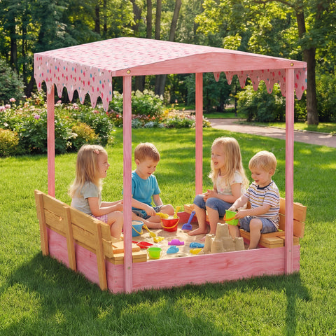 Wooden Sandbox with Cover and Canopy for Kids Outdoor Play