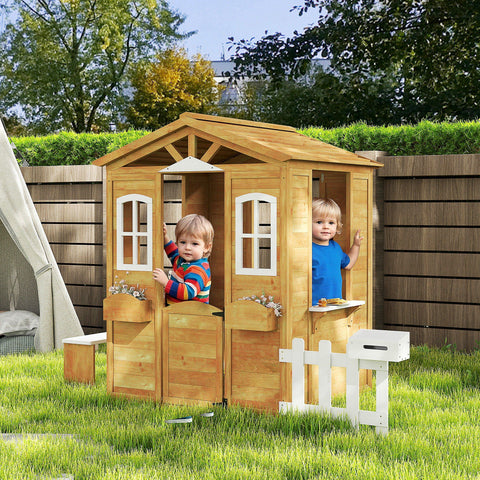 Outdoor Kids Wooden Cottage Playhouse with Mailbox & Bench