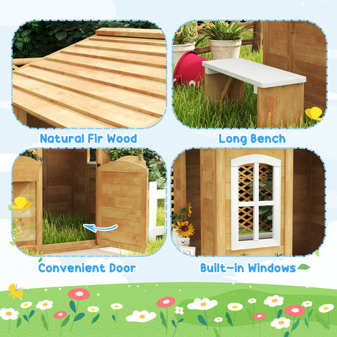 Outdoor Kids Wooden Cottage Playhouse with Mailbox & Bench
