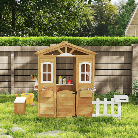 Outdoor Kids Wooden Cottage Playhouse with Mailbox & Bench