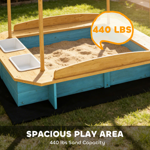 Kids Wooden Sandbox with Dinosaur Print Canopy and Storage Bins