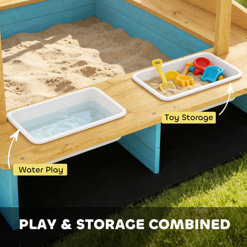 Kids Wooden Sandbox with Dinosaur Print Canopy and Storage Bins
