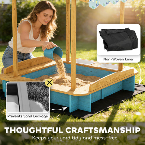 Kids Wooden Sandbox with Dinosaur Print Canopy and Storage Bins