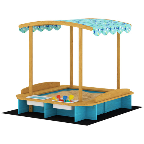 Kids Wooden Sandbox with Dinosaur Print Canopy and Storage Bins