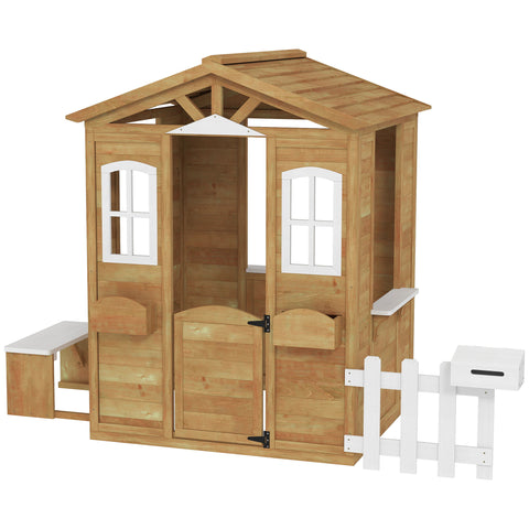 Outdoor Kids Wooden Cottage Playhouse with Mailbox & Bench