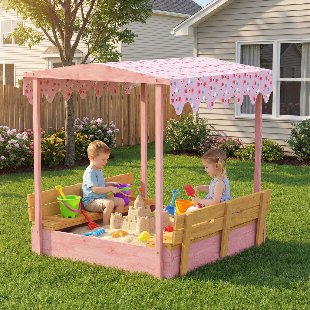 Wooden Sandbox with Cover and Canopy for Kids Outdoor Play