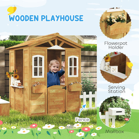 Outdoor Kids Wooden Cottage Playhouse with Mailbox & Bench