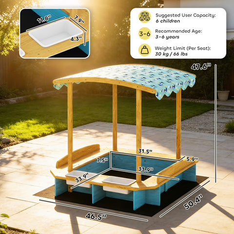 Kids Wooden Sandbox with Dinosaur Print Canopy and Storage Bins